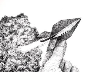 Rocket by J. Adam McGalliard | Pen and Ink on Paper Hand holding a paper rocket against a cloud background.