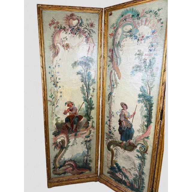 19th Century 19th Century Antique Rococo Style Hand Painted 3-Panel Screen For Sale - Image 5 of 15