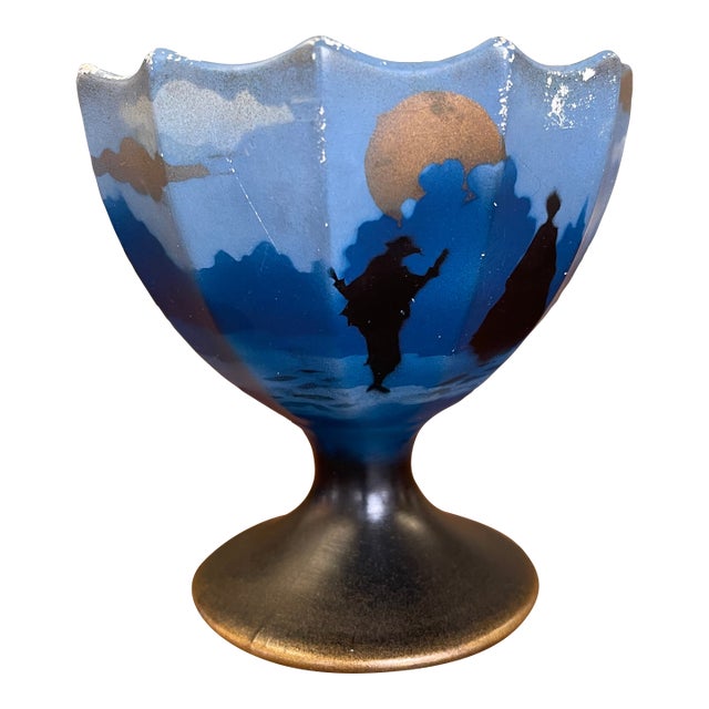 Vintage English Hand-Painted Pedestal Vase With Scenic Silhouette, Marked Made in England For Sale