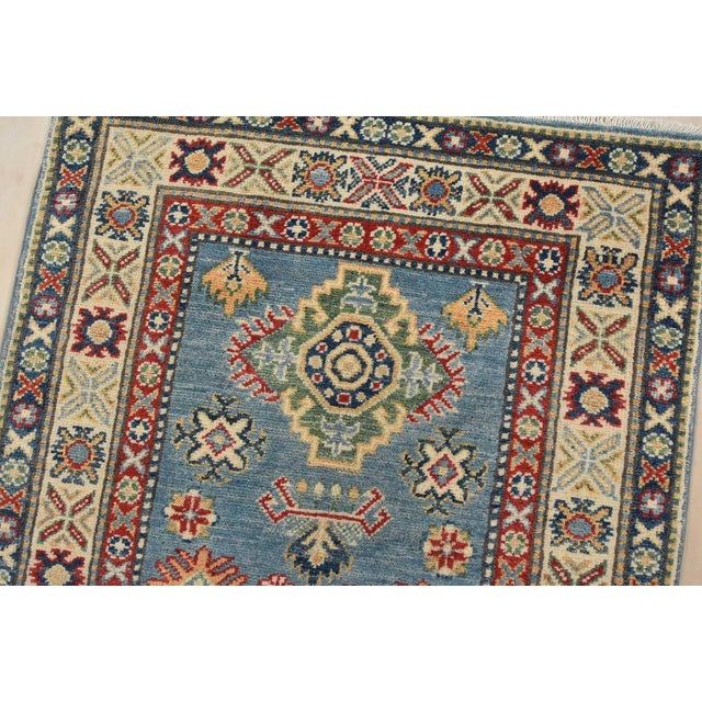 Kazak Runner 2’9” X 9’6” Blue Wool Tribal Hand-Knotted Oriental Rug For Sale In Philadelphia - Image 6 of 13