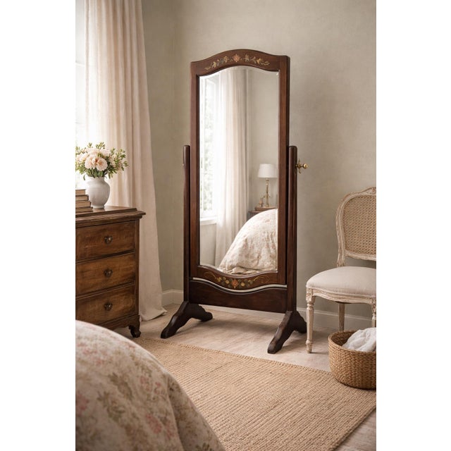 Coffee Mid 20th Century Hand-Painted Victorian Revival Cheval Mirror – Solid Wood Freestanding Floor Mirror For Sale - Image 8 of 11