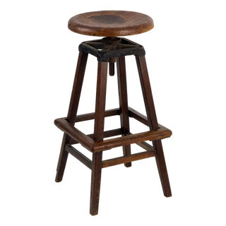 Antique 1910s 30" Tall Industrial Architect's Draftsman Stool - Adjustable Wood & Cast Iron Swivel Seat For Sale