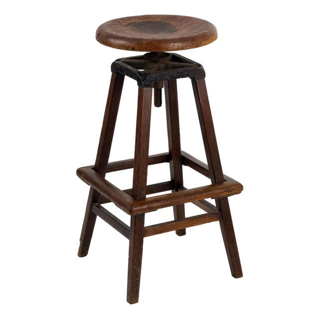 Antique 1910s 30" Tall Industrial Architect's Draftsman Stool - Adjustable Wood & Cast Iron Swivel Seat For Sale