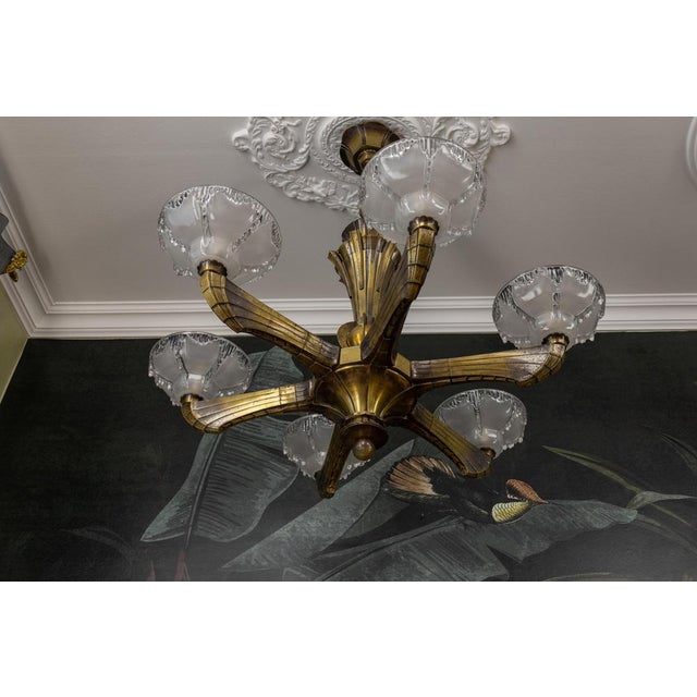 French Art Deco Six-Light Bronze & Frosted Glass Chandelier, 1930s For Sale - Image 6 of 18