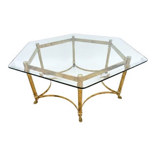 Maison Jansen Style Brass and Glass Hexagonal Coffee Table For Sale