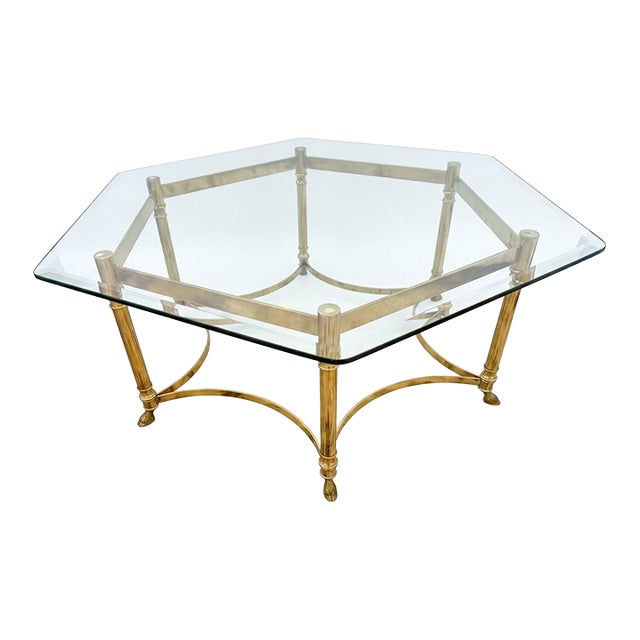 Maison Jansen Style Brass and Glass Hexagonal Coffee Table For Sale