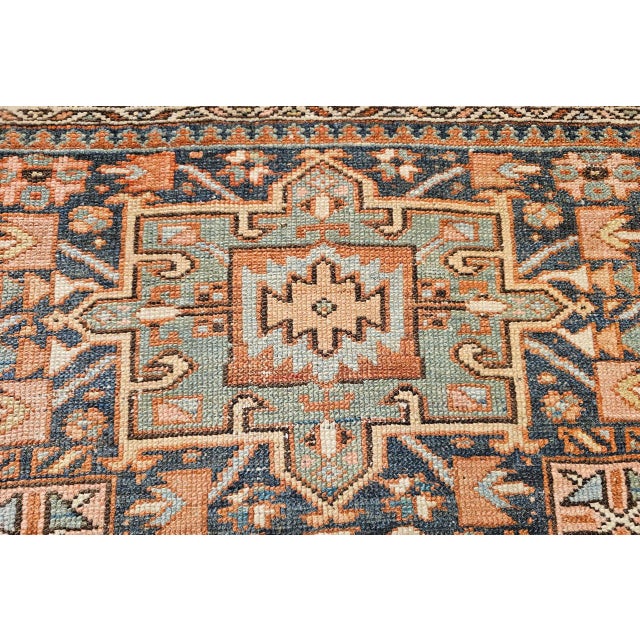 19th Century Heriz Karajeh Rug, Hand-Knotted Wool, Geometric Pattern, Blue & Green, 4x5 For Sale - Image 13 of 16