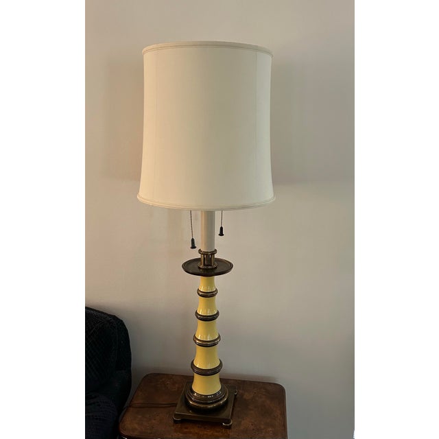 Vtg STIFFEL Yellow Enamel and Brass Candlestick Lamp. Dual Socket Table Lamps with pull chains with vintage silk shade...