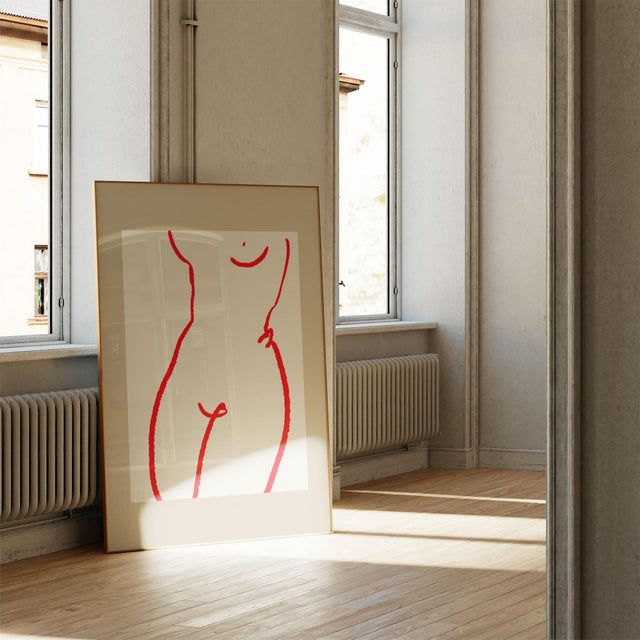 Woman figure open edition giclee print by artist Anna Pepe Elegant female silhouette red lines drawing on beige...