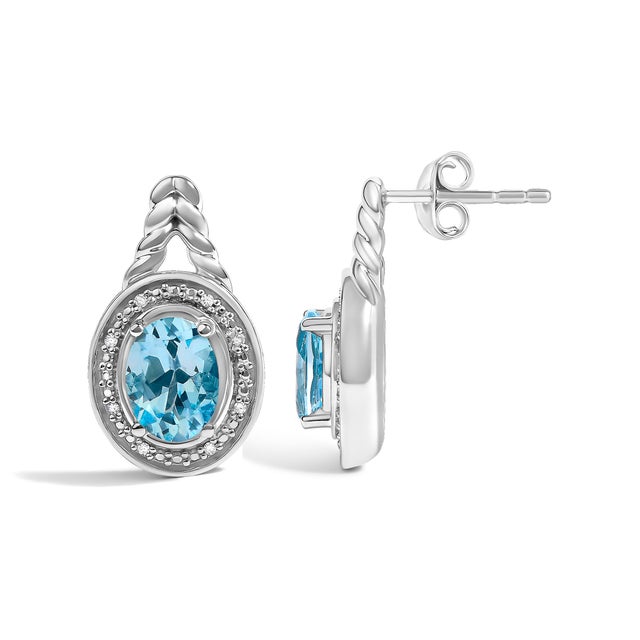 Haus of Brilliance Sterling Silver Oval Blue Topaz and Diamond Accent Twist and Halo Drop Earrings, Pair For Sale - Image 4 of 4