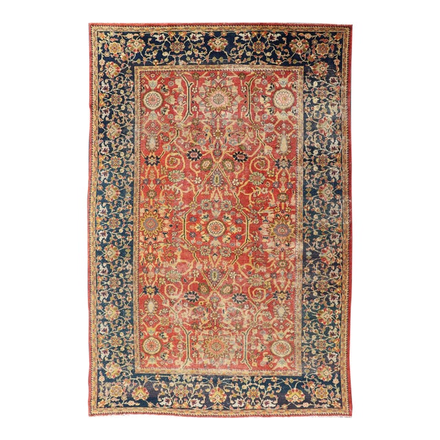 Antique Persian, 19th Century Sultanabad Rug in Rust, Blue, Gold, Yellow & Green 8'1 X 13' For Sale