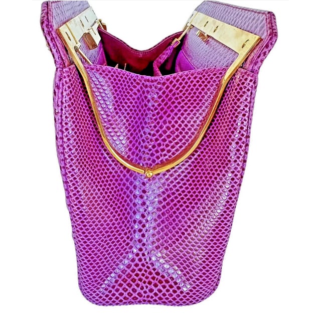 1990s Judith Leiber Karung SnakeSkin Pink Fuschia Day Evening Handbag Gemstones Vintage For Sale - Image 13 of 15