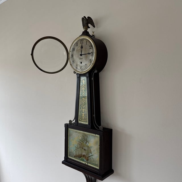 Coffee Antique Sessions “Banjo” Wall Clock, Eagle Finial Ship Scene For Sale - Image 8 of 8
