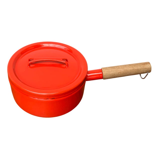 Mid-Century Modern Enamel Orange Pot with Teak Handle by Seppo Mallat for Finel, 1960s For Sale