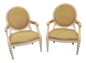 Louis XVI Style Cream Harp Back Lounge Chairs - a Pair