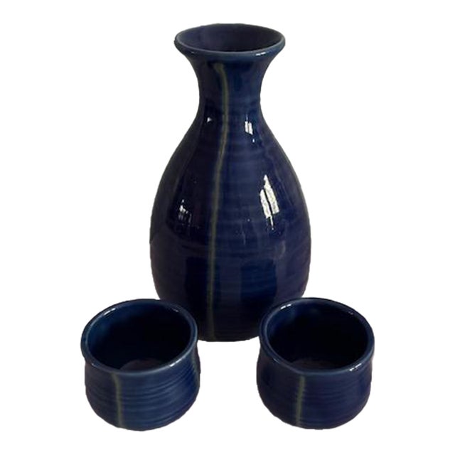 Mid 20th Century Blue and Gray Ceramic Sake Set, Japan, With 2 Cups For Sale