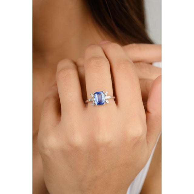 Not Yet Made - Made To Order 1.5 Ctw Emerald Cut Blue Sapphire Diamonds Wedding Ring Size 6.5 For Sale - Image 5 of 9