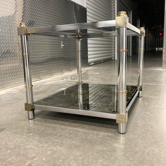 1980s Mid-Century Modern Chrome & Brass Tiered Glass End Table For Sale - Image 10 of 13