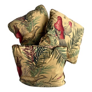 Brunschwig and Fils Glenrinnes Lodge Cotton Print Pillows With Plaid Piping For Sale