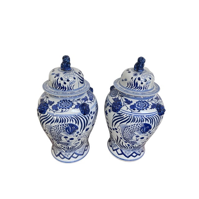 Chinoiserie Blue and White Temple Jars, Foo Dog Finials A Pair Chairish