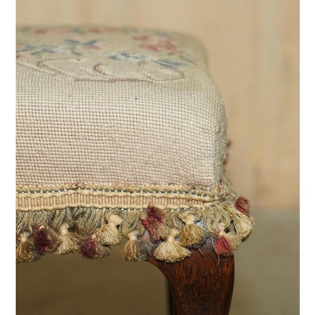 Wood Large Victorian Oak Cabriole Legged Footstool with Embroidered Upholstery, 1880s For Sale - Image 7 of 18