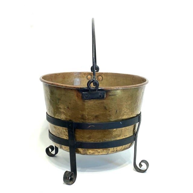 Antique Brass Kettle / Bucket or Firewood Log Holder With Black Wrought  Iron Stand | Chairish