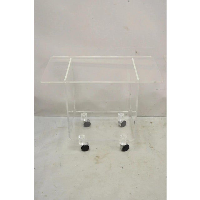 Mid-Century Modern Vintage Clear Lucite Acrylic Mid Century Modern Rolling Side Tables - A Pair For Sale - Image 3 of 11