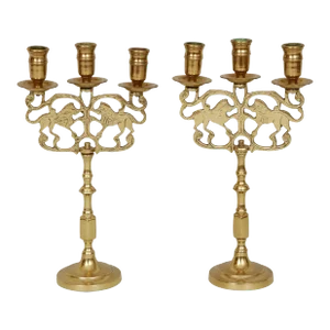 Brass 'Lions of Judah' Shabbat Candelabra - a Pair