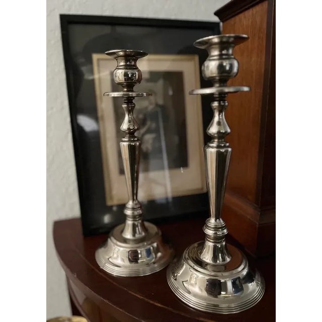 Platinum Vintage Neo-Classical Silver Plate Candlesticks - A Pair For Sale - Image 8 of 8