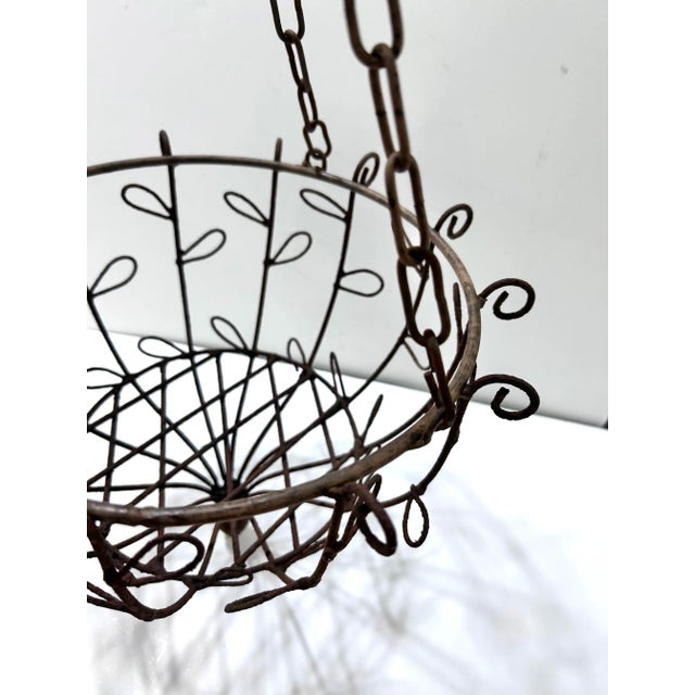 1950s Vintage Wrought Iron Hanging Planter Basket With Scrollwork & Original Chain For Sale - Image 5 of 12