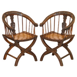 Set of Anglo Chinese Hand Carved Savonarola Armchairs, 1900s For Sale