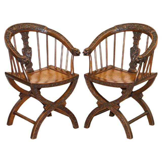 Set of Anglo Chinese Hand Carved Savonarola Armchairs, 1900s For Sale