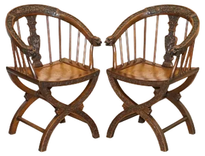 Set of Anglo Chinese Hand Carved Savonarola Armchairs, 1900s