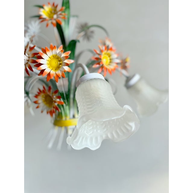 Green Vintage European Floral Tole Chandelier with Frosted Glass Tulip Shades, 1970s For Sale - Image 8 of 13