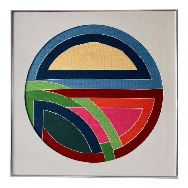 1980s Frank Stella Sinjerli Variation Style Abstract Geometric Modernist Monumental Tapestry Needlepoint Framed For Sale