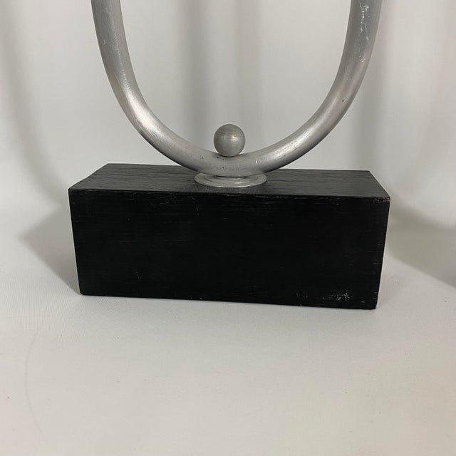 Wood Vintage Modernist Steel Candelabra Holder Pair on an Ebonized Wood Bases For Sale - Image 7 of 13