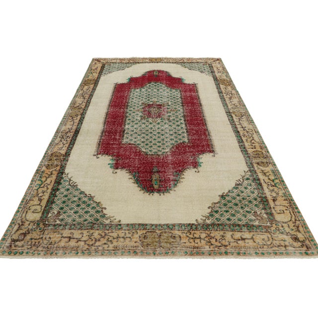 1960s Vintage Turkish Rug in Beige With Red & Green Geometric Medallion | Rug & Kilim For Sale - Image 5 of 7