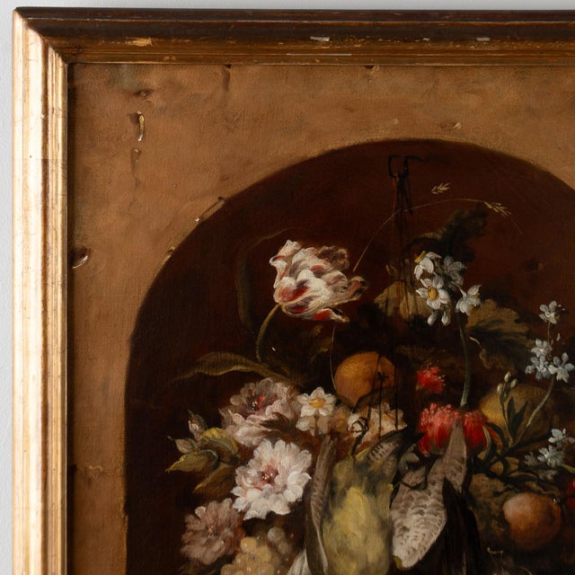 Original oil on canvas painting "nature morte" or literally "dead nature," this still life depicts multiple birds, fruit,...