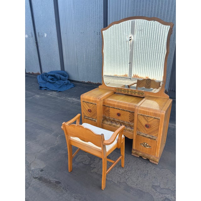 1930s Art Deco Waterfall Vanity With Mirror and Chair - Set of 3 For Sale - Image 11 of 11