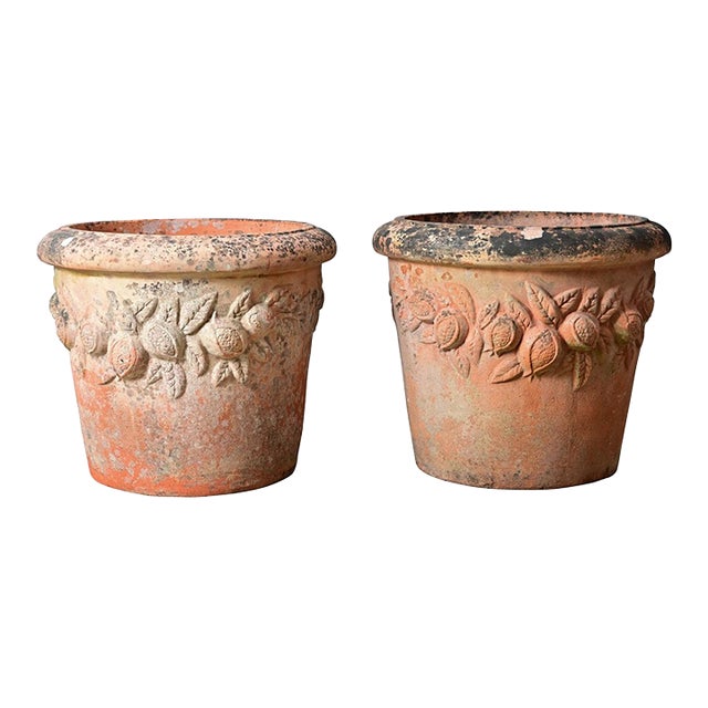 English Pair of Large 20th Century Terracotta Decorated Planters For Sale