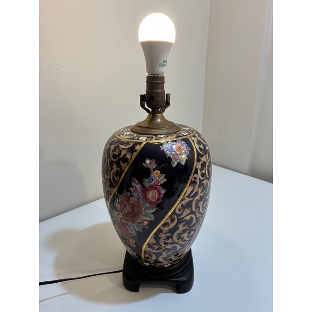 Wood Vintage Chinoiserie Hand Painted Porcelain Table Lamp For Sale - Image 7 of 9