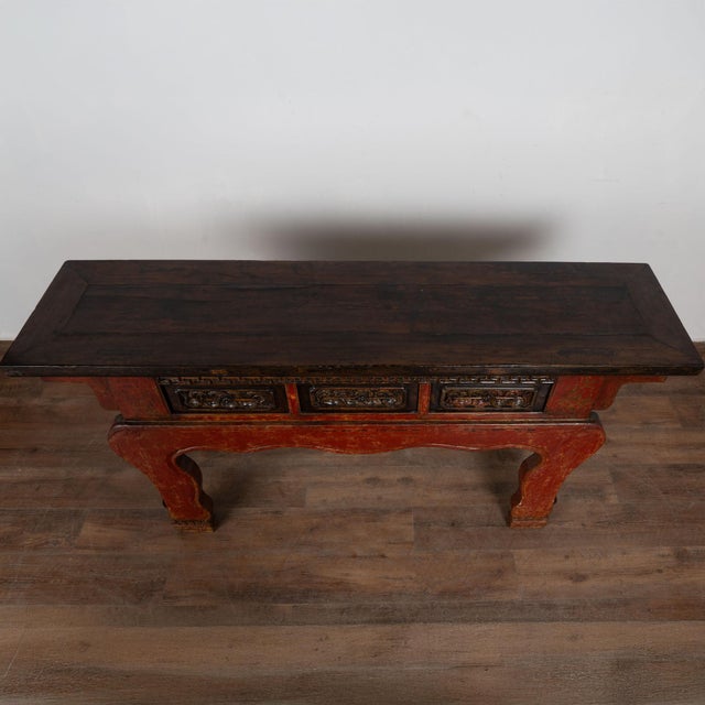 19th Century Chinese Red Altar Console Table With Carved Drawers For Sale - Image 4 of 18