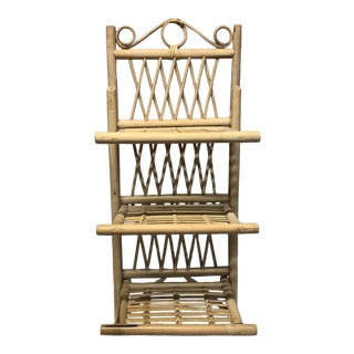 Vintage Boho Chic Wicker and Wood Wall Shelf With Fold Up Shelves For Sale