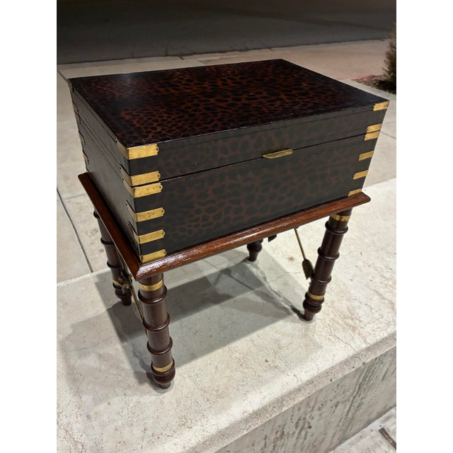 Tooled leather wrapped petite accent end table jewelry box having wallpaper lined interior, bronze lion motif arrow...