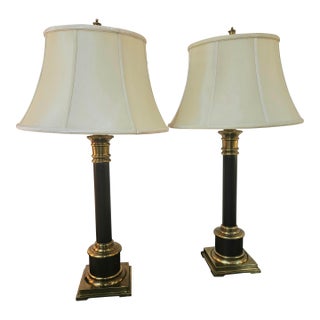 Handsome Classical Column Faux Painted Wood Lamps With Brass Capitals and Base - A Pair For Sale