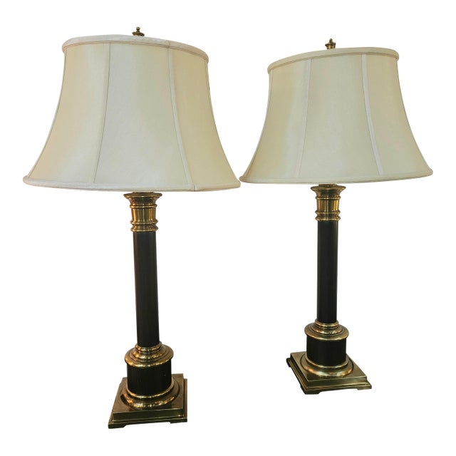 Handsome Classical Column Faux Painted Wood Lamps With Brass Capitals and Base - A Pair For Sale