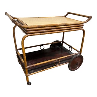 Large Vintage Pagoda Style Bamboo Tray Bar Cart For Sale