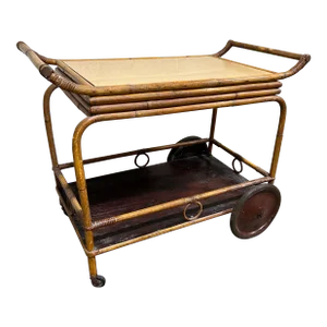 Large Vintage Pagoda Style Bamboo Tray Bar Cart