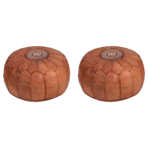Vintage Mid Century Round Moroccan Leather Poufs- a Pair