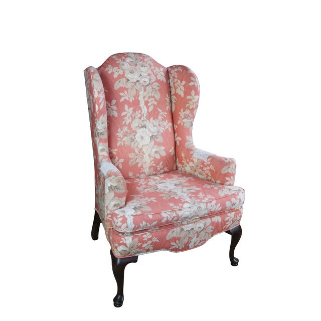 Vintage Ethan Allen Queen Anne / Georgian style arm chair featuring a wingback design supported by mahogany legs....